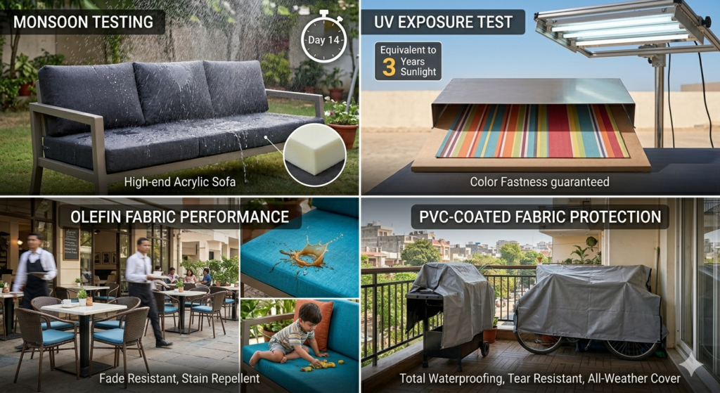 Comparison of waterproof, UV resistant, and stain-repellent features for premium outdoor furniture fabrics in India.