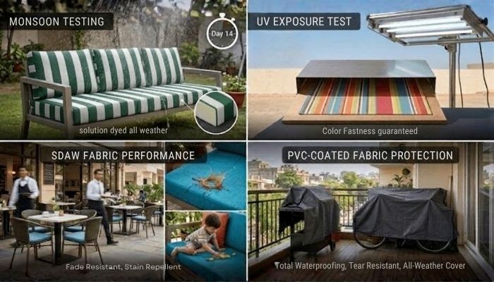 Comparison of waterproof, UV resistant, and stain-repellent features for premium outdoor furniture fabrics in India.