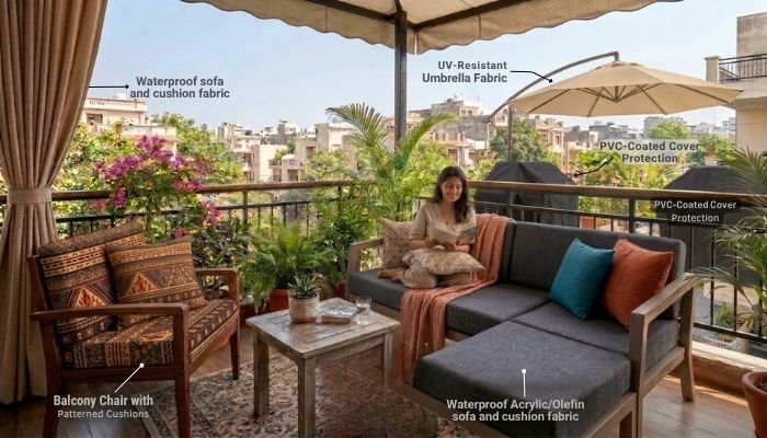 Comparison of waterproof, UV resistant, and stain-repellent features for premium outdoor furniture fabrics in India.